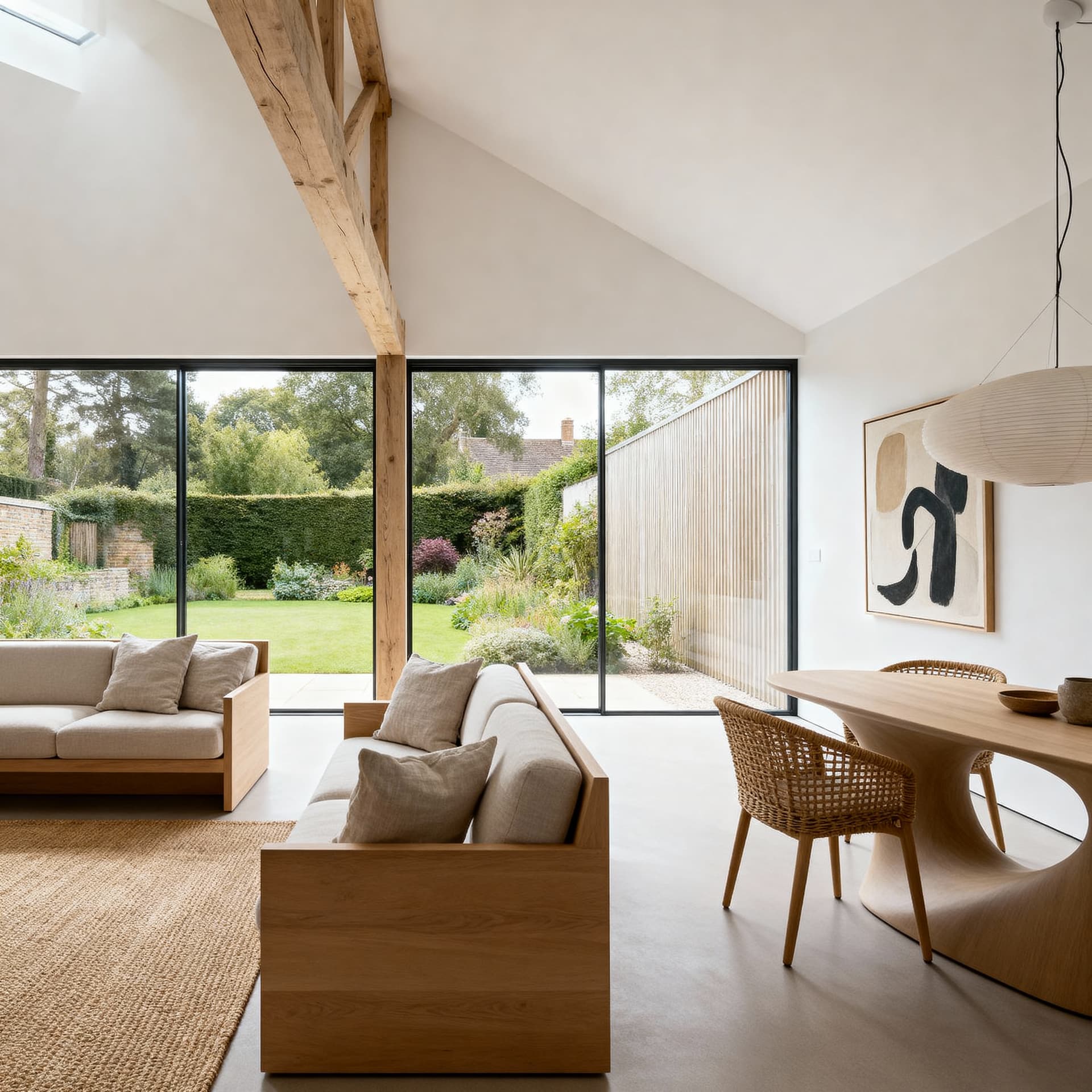 A vaulted barn conversion with an oak truss and garden glazing