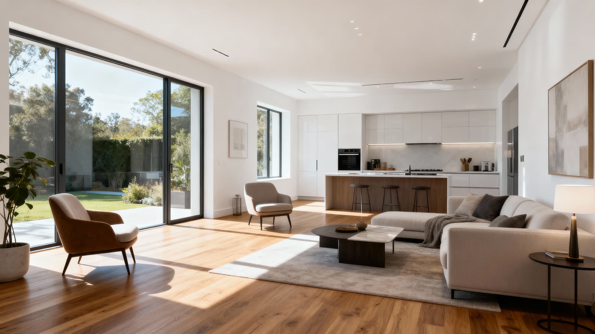 A sunlit open-plan living space opening to the garden