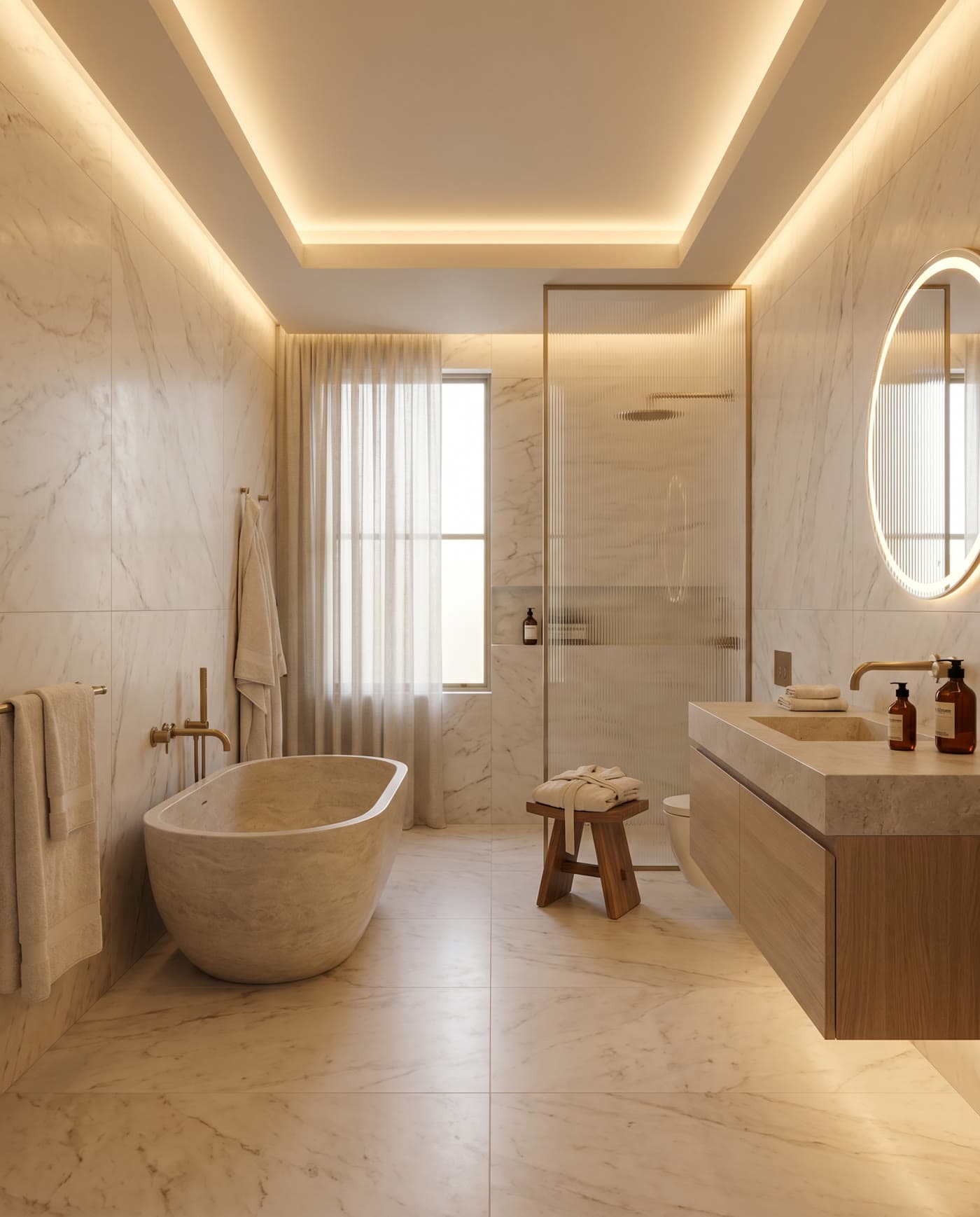 A spa-like marble bathroom with a freestanding stone bath