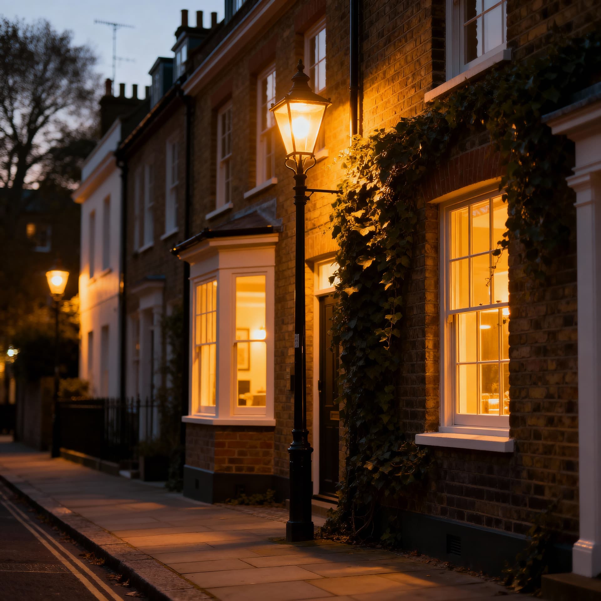 A London brick terrace at dusk with a lit street lamp