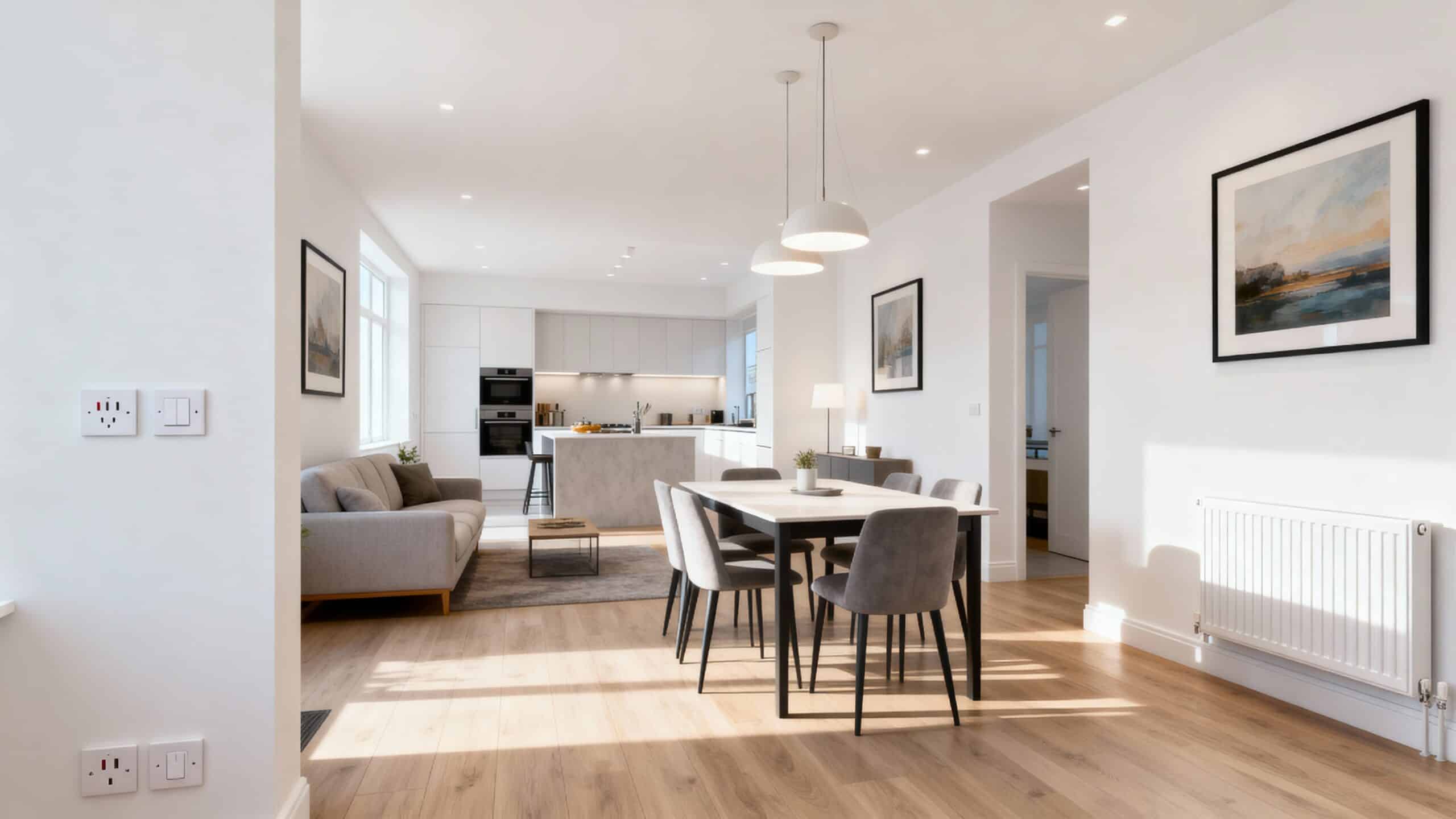 A bright, modern kitchen and dining space showcasing minimalist design and elegant decor.