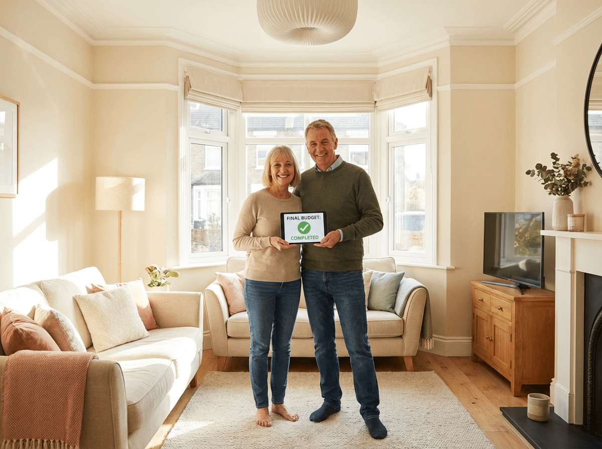 In a living room, a man and woman hold a tablet, engaged in conversation while standing side by side.