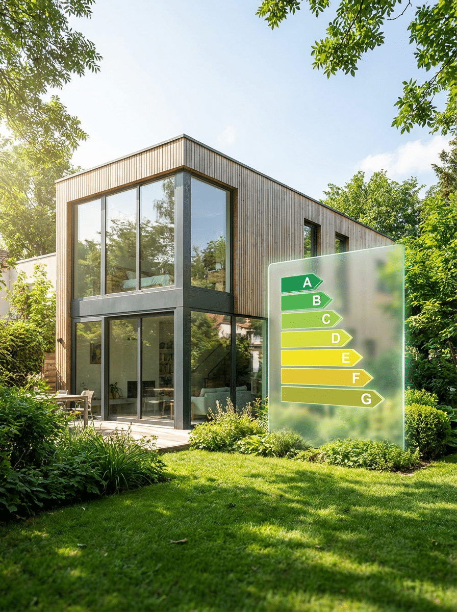 Energy efficiency rating label displayed on a modern house, indicating its environmental performance and sustainability.