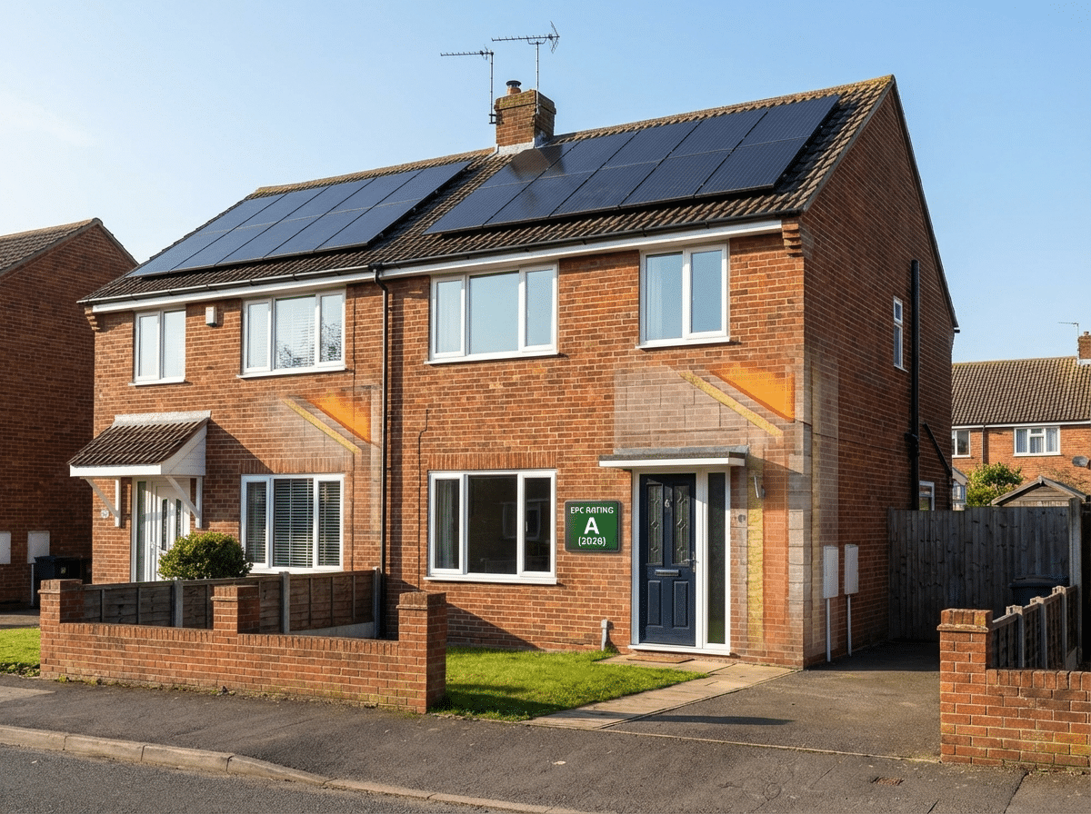 A house featuring solar panels installed on its roof, showcasing renewable energy use.