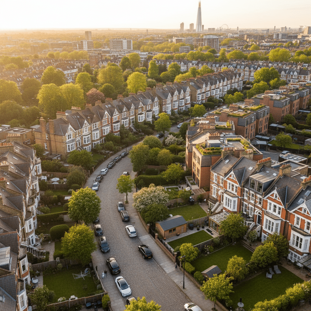 Aerial view of a residential neighborhood featuring houses, parked cars, and lush green trees.