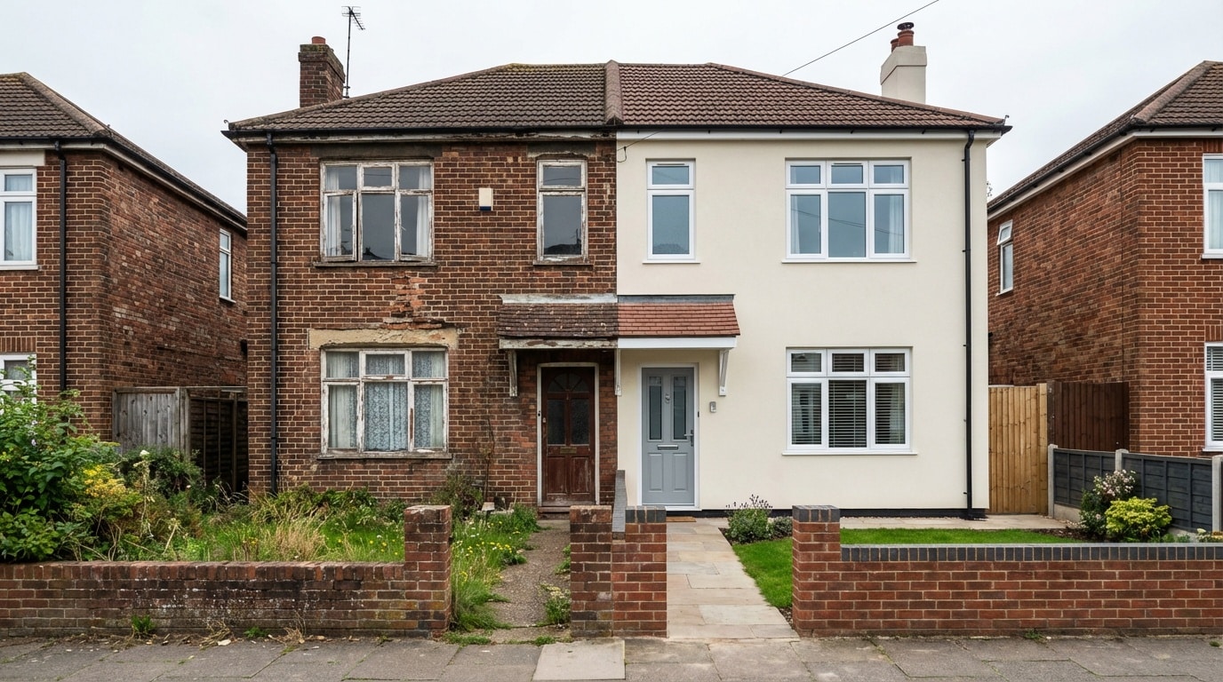 Two houses beside a brick wall and a fence, showcasing a suburban neighborhood setting.