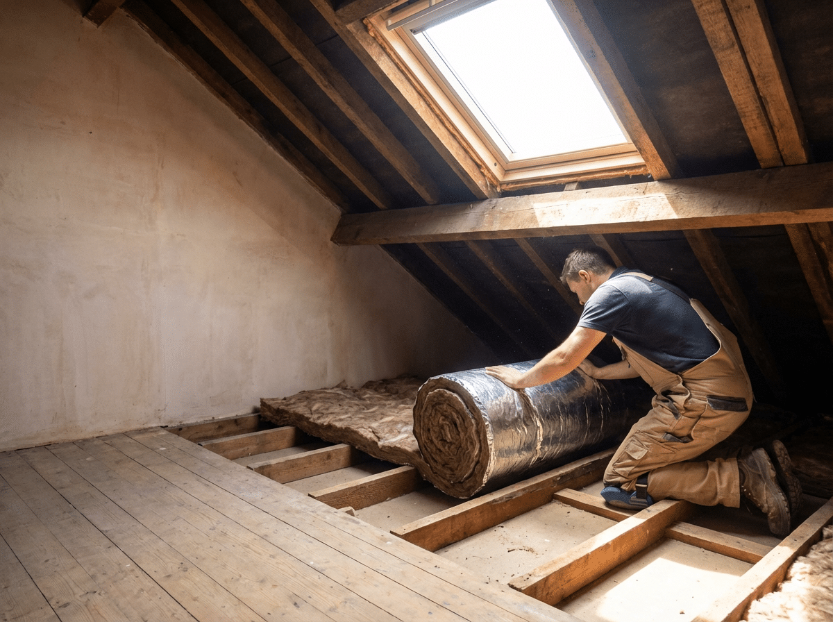 A man is working on a wooden floor in an attic, surrounded by beams and tools, focused on his task.