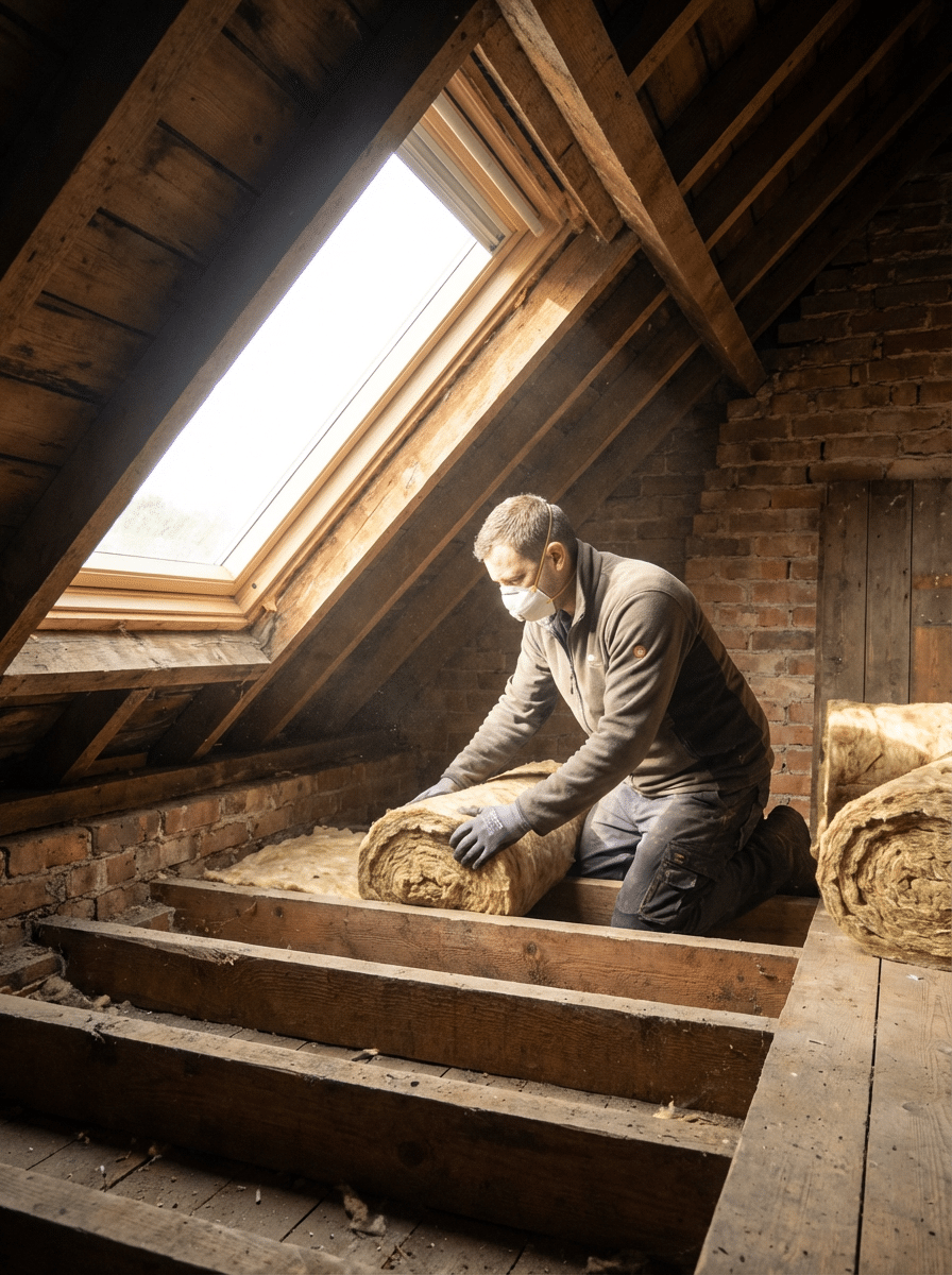 A man is working in the attic of an old house, surrounded by wooden beams and vintage items laying insulation.
