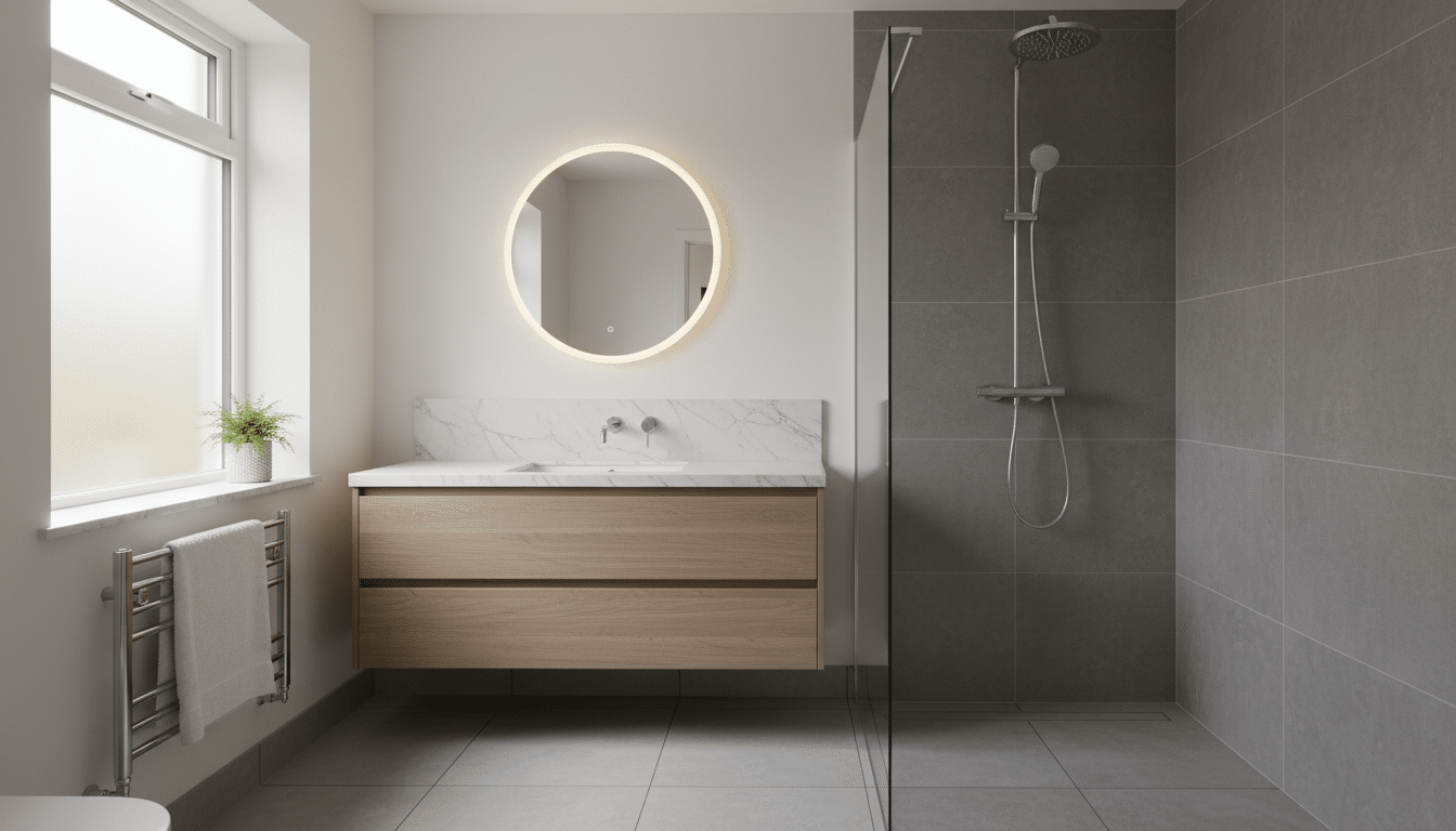 A stylish bathroom showcasing a shower, sink, and toilet, emphasizing modern design and functionality.