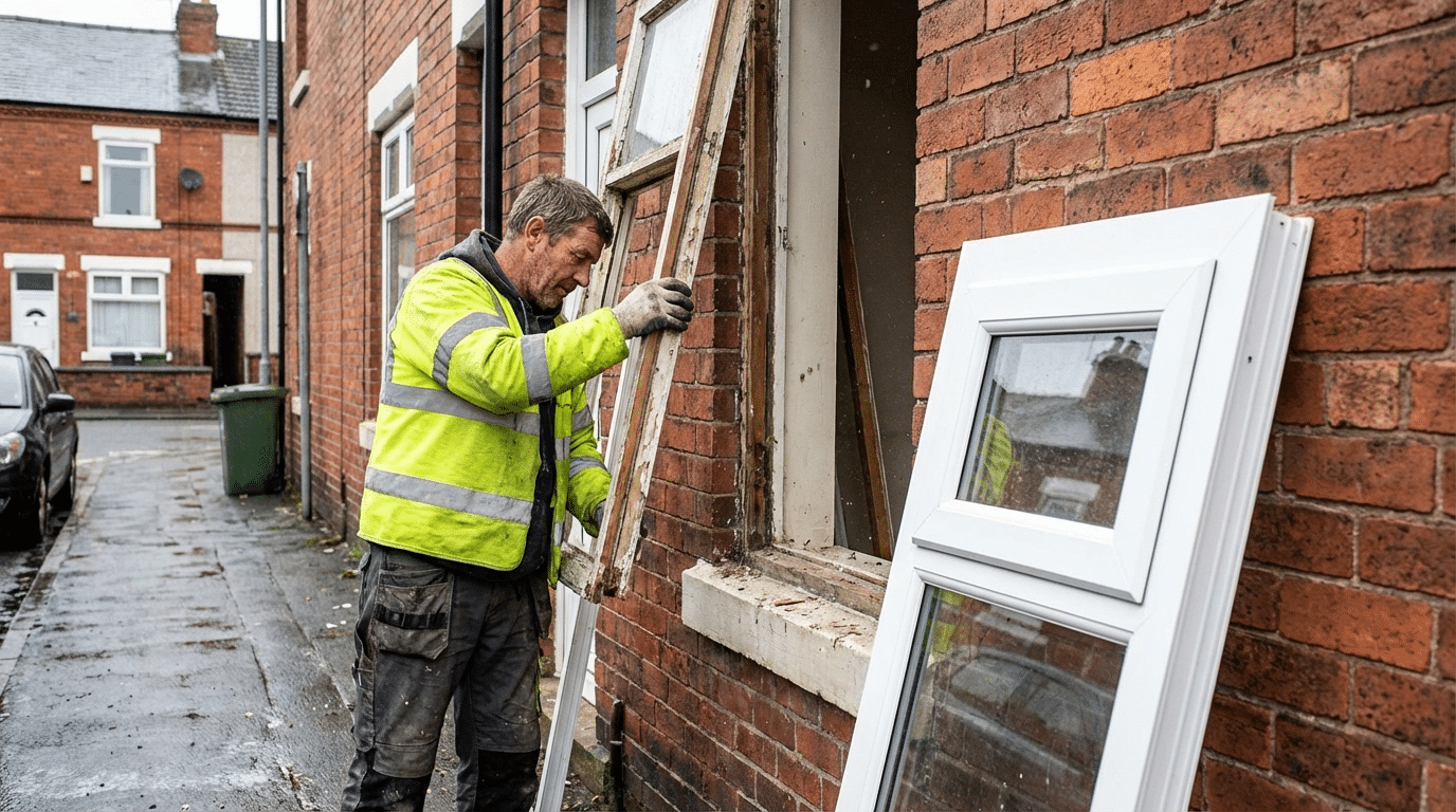 A man in a yellow vest works on a window, using tools to ensure proper installation and repair.