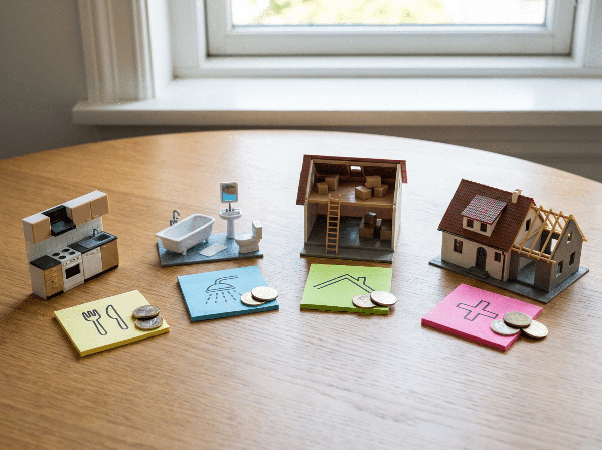 A table displays a wooden house model, a coin, and colorful sticky notes arranged neatly.
