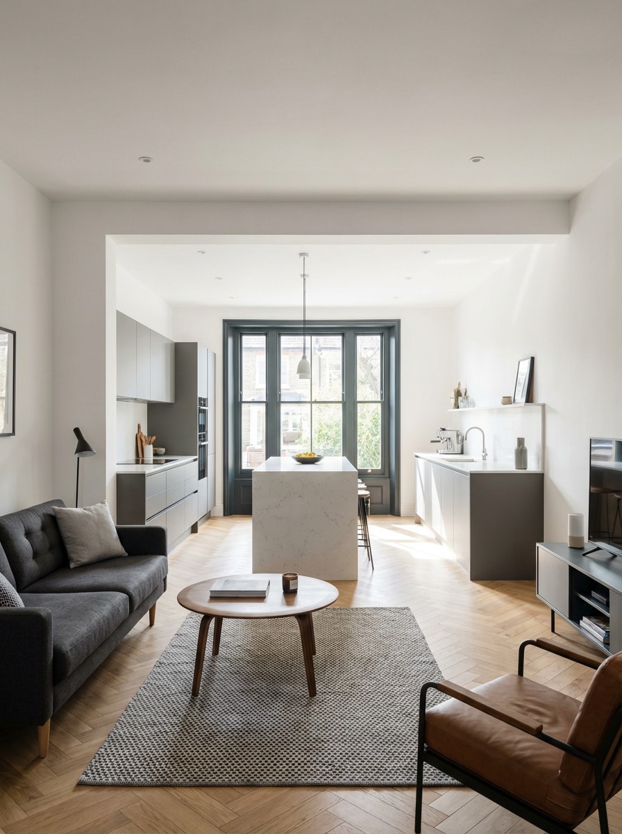 A modern living room featuring an open kitchen and dining area, showcasing contemporary furniture and decor.