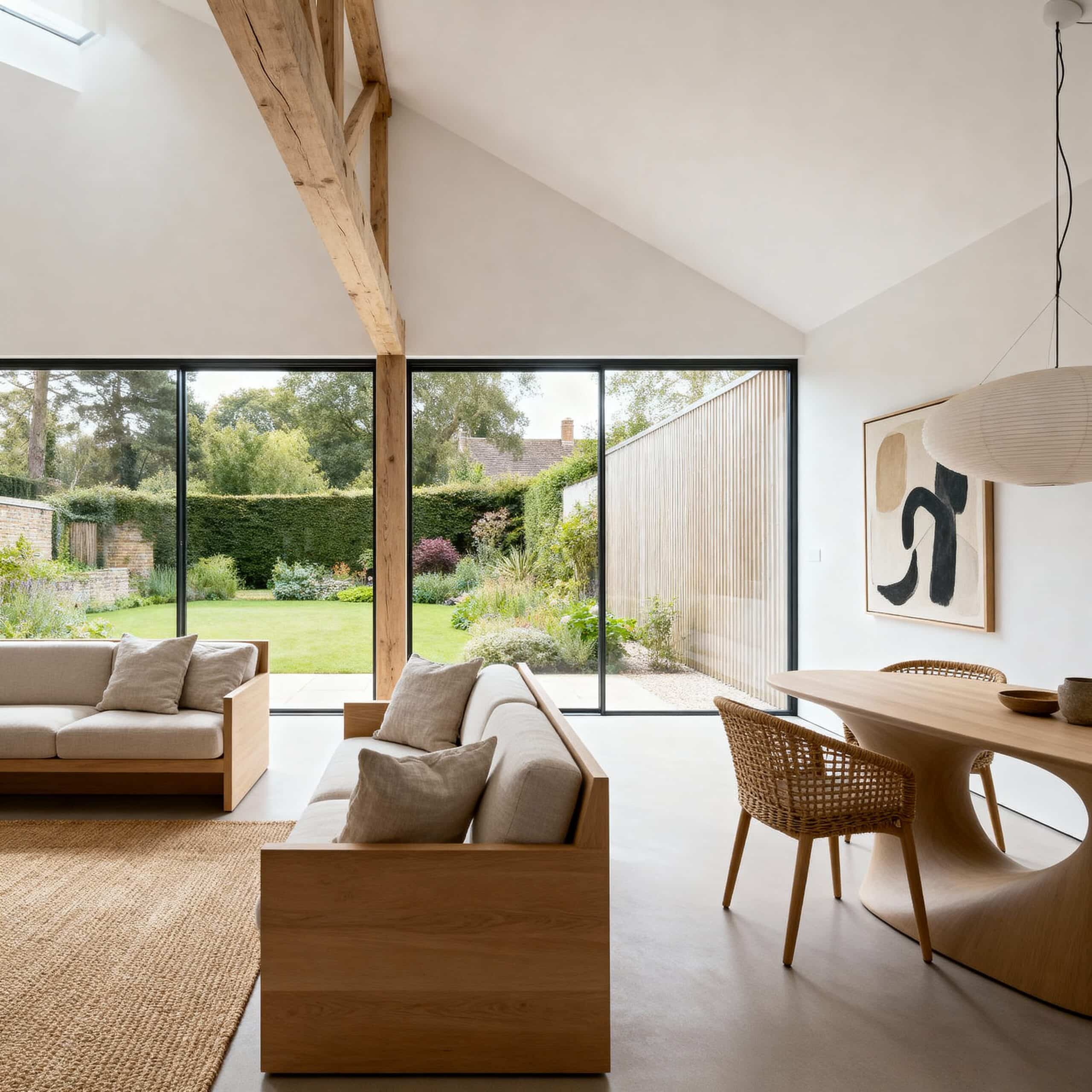 A cozy living room featuring wooden furniture and large windows that allow natural light to fill the space.