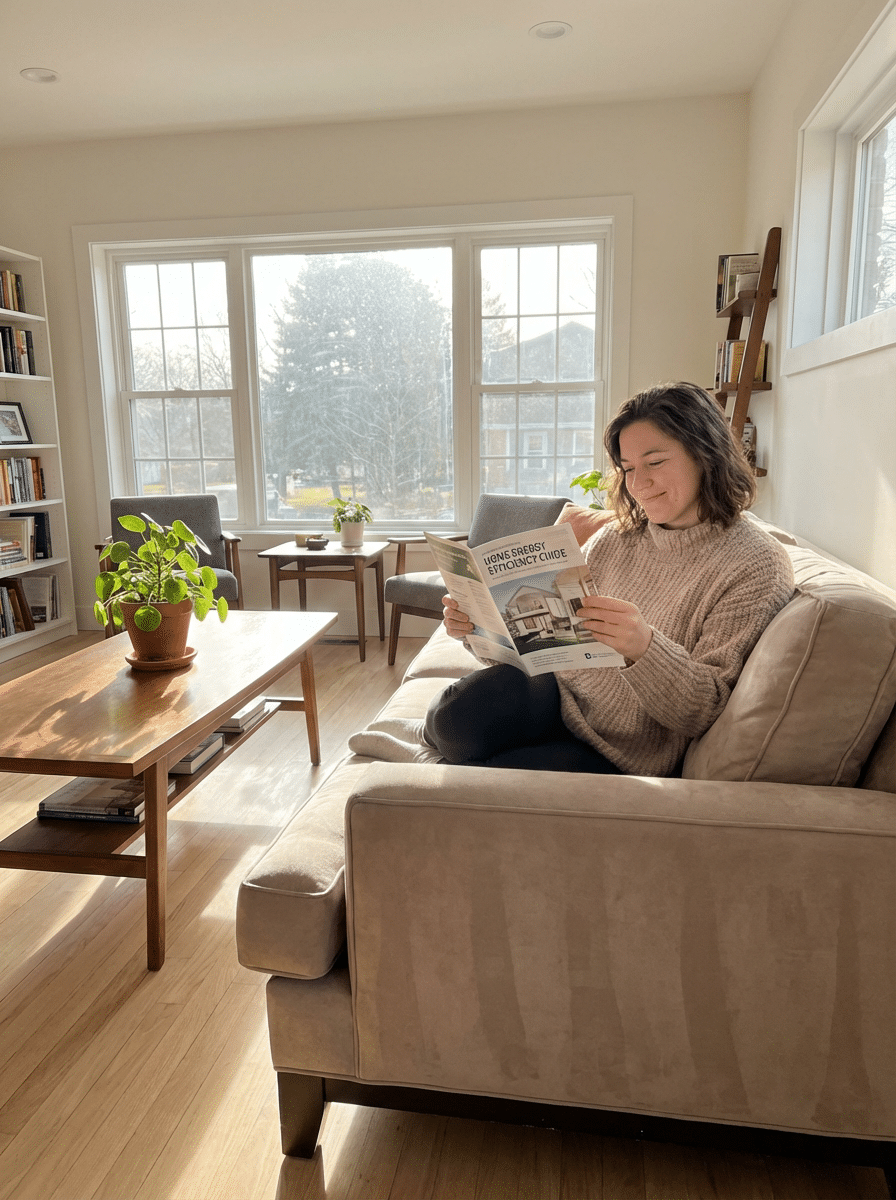 A woman comfortably seated on a couch, reading a magazine.