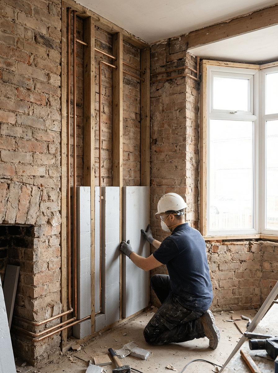 A man is repairing a wall in a room, focused on his work with tools in hand.