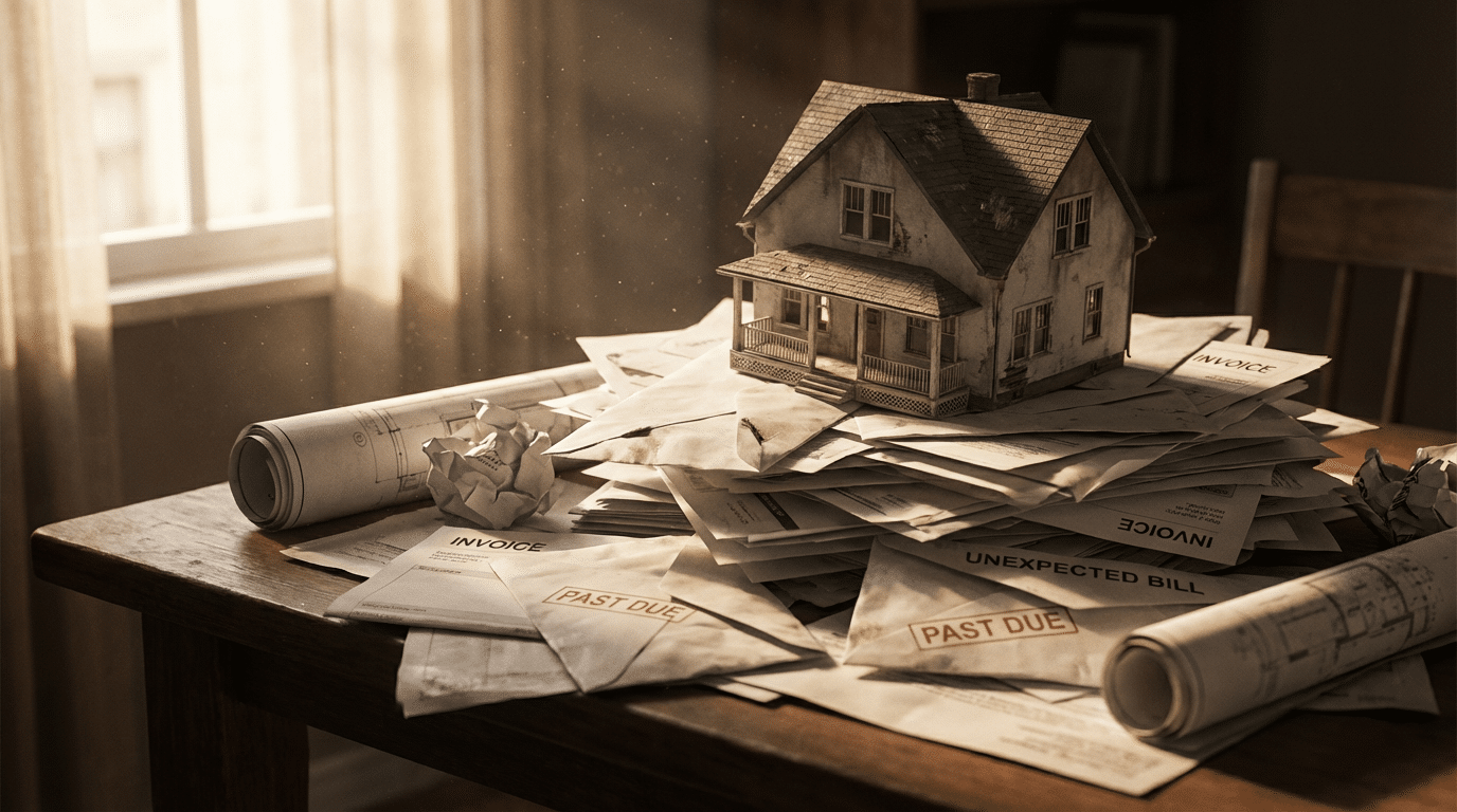 A small house perched atop a pile of papers and envelopes, symbolizing clutter and disorganization.