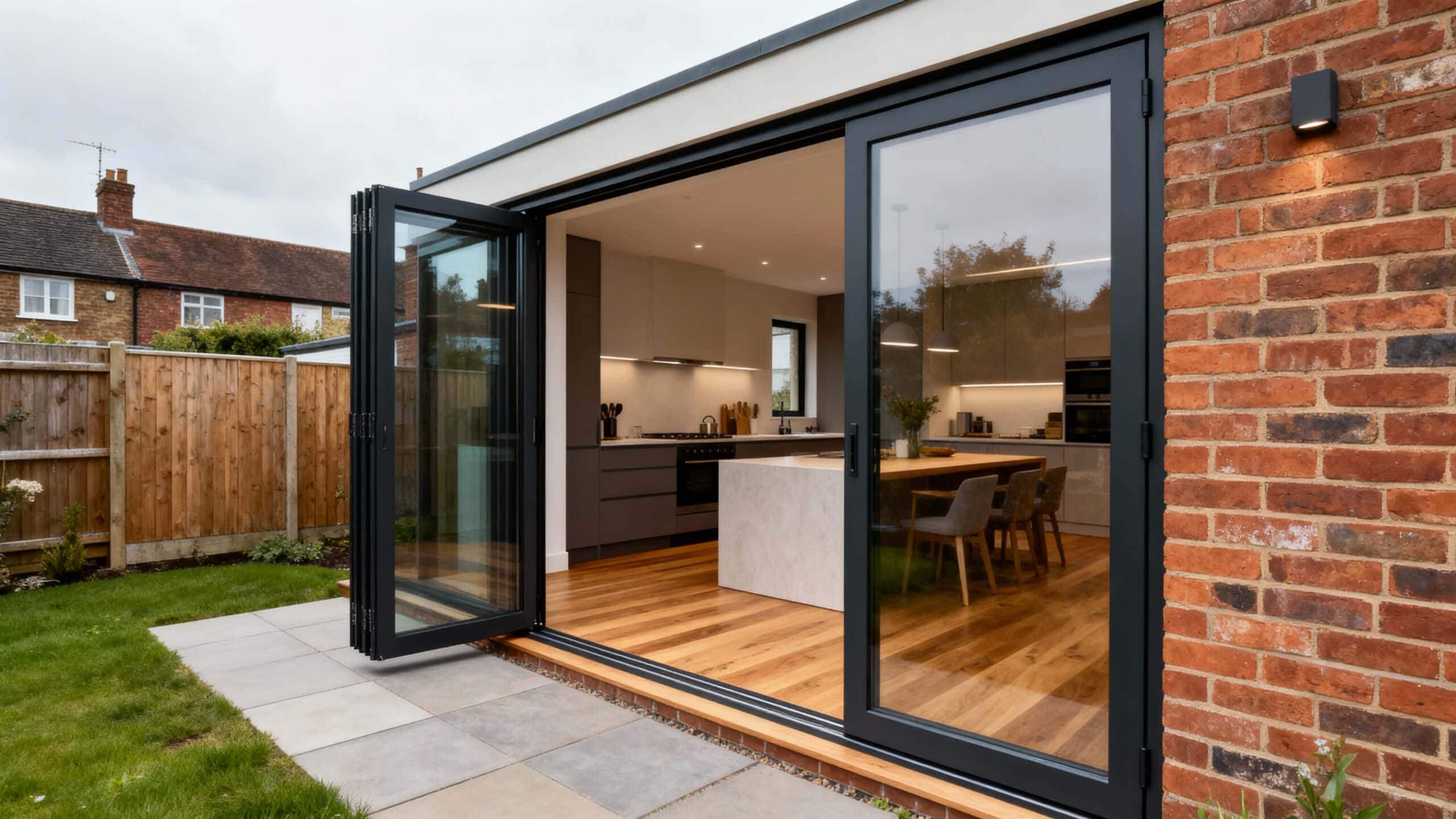 A sleek modern kitchen featuring sliding glass doors that open to an outdoor space.
