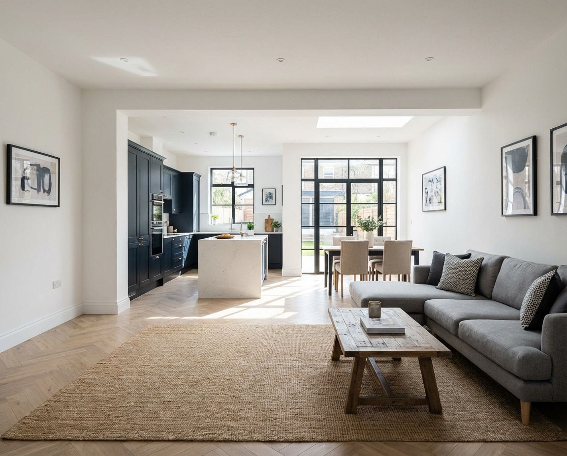 A cozy living room featuring a sofa, coffee table, and an open kitchen area in the background.<br />
