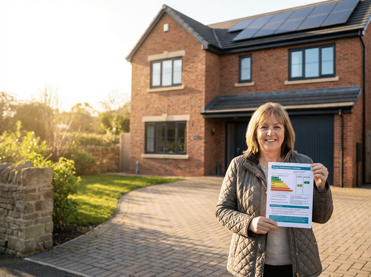 A woman displays a paper with a diagram of solar panels, highlighting the importance of sustainable energy sources.