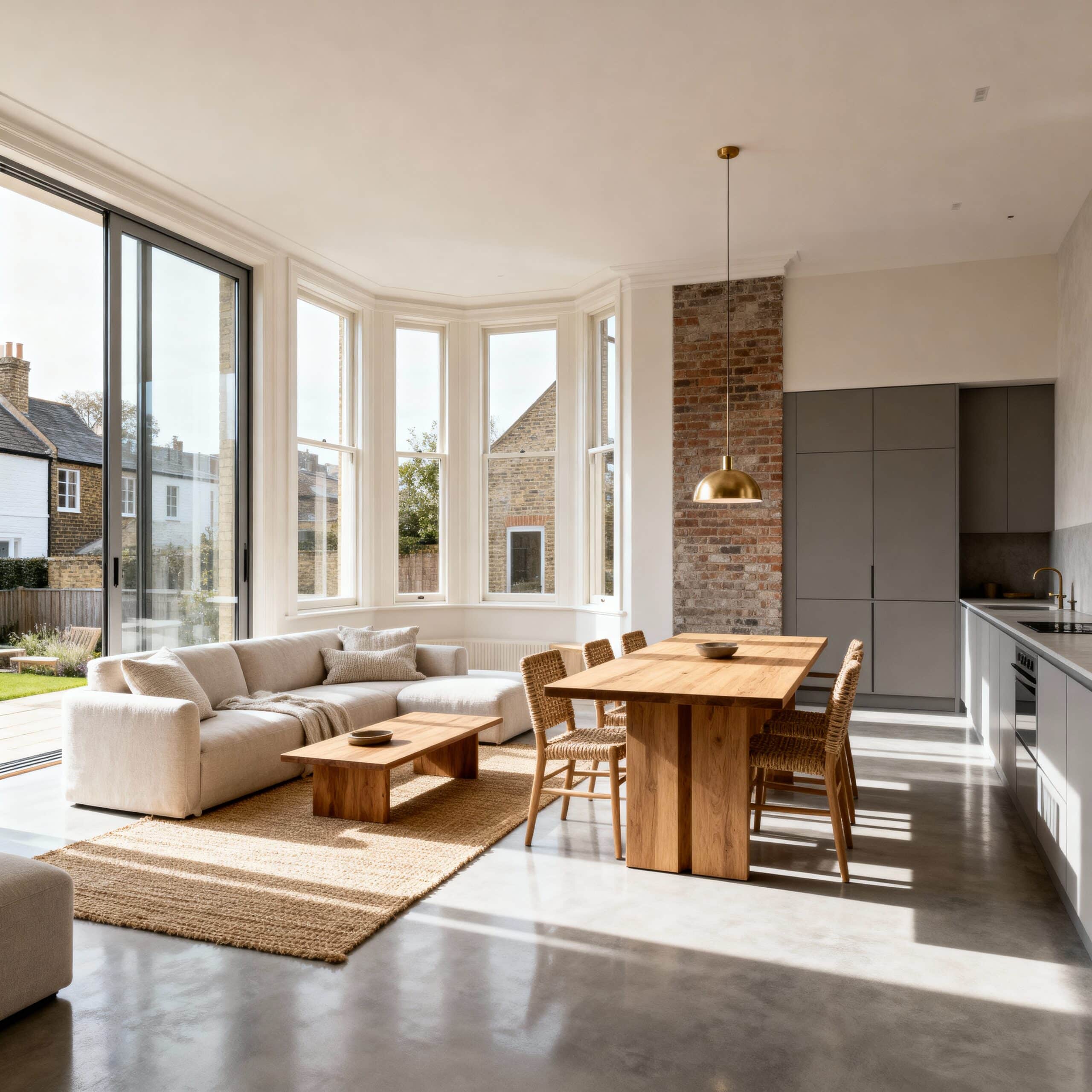 A cozy living room featuring a wooden table surrounded by four chairs, with warm lighting and decorative elements.