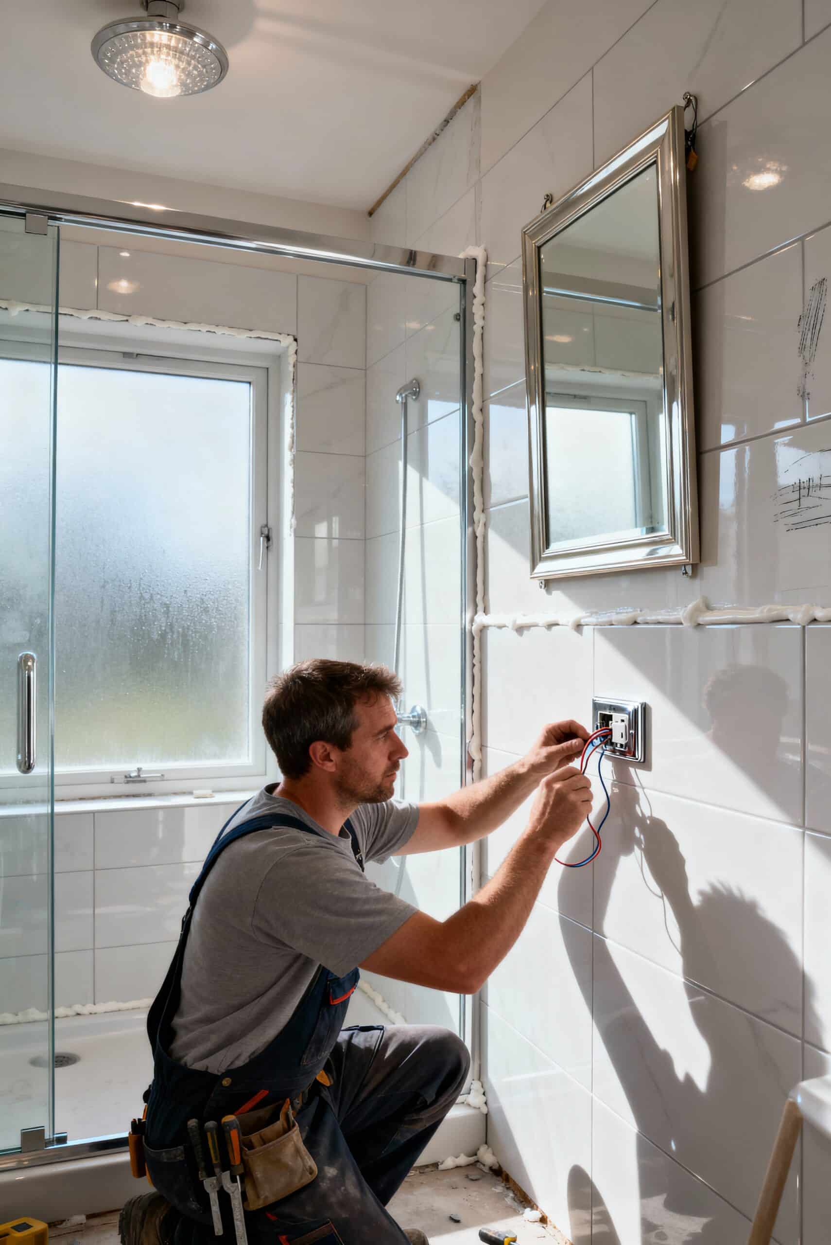 A man is installing fixtures in a bathroom, focusing on a modern shower area.