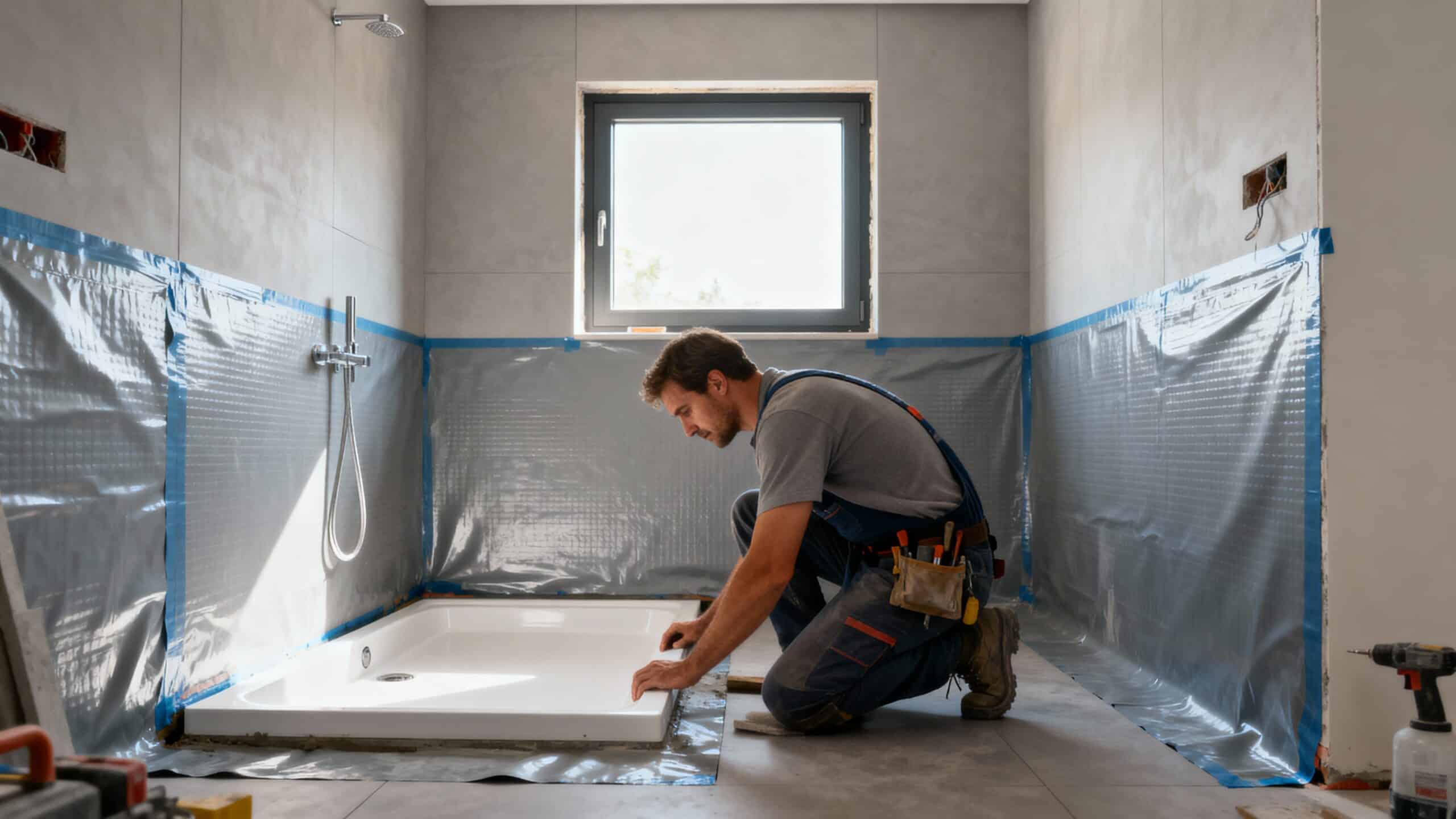 A man is installing fixtures in a bathroom, focusing on a modern shower area.