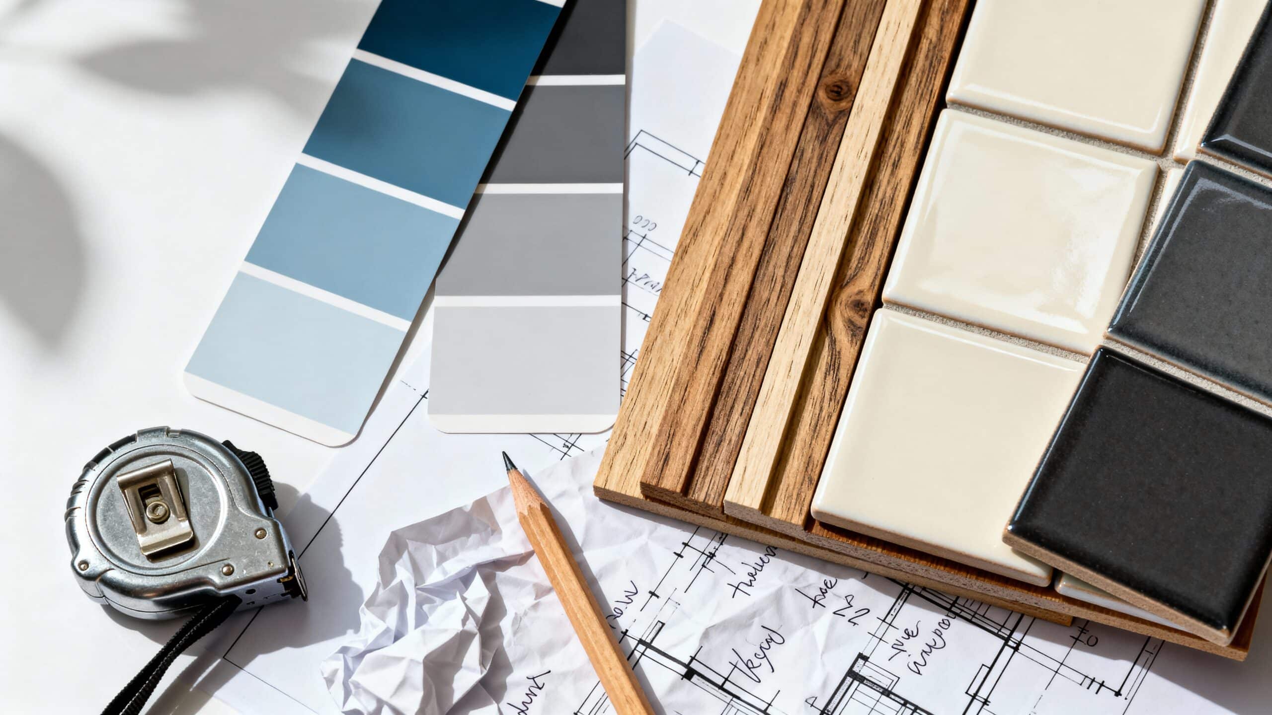  table displaying an assortment of paint colors and various painting tools arranged neatly.<br />
