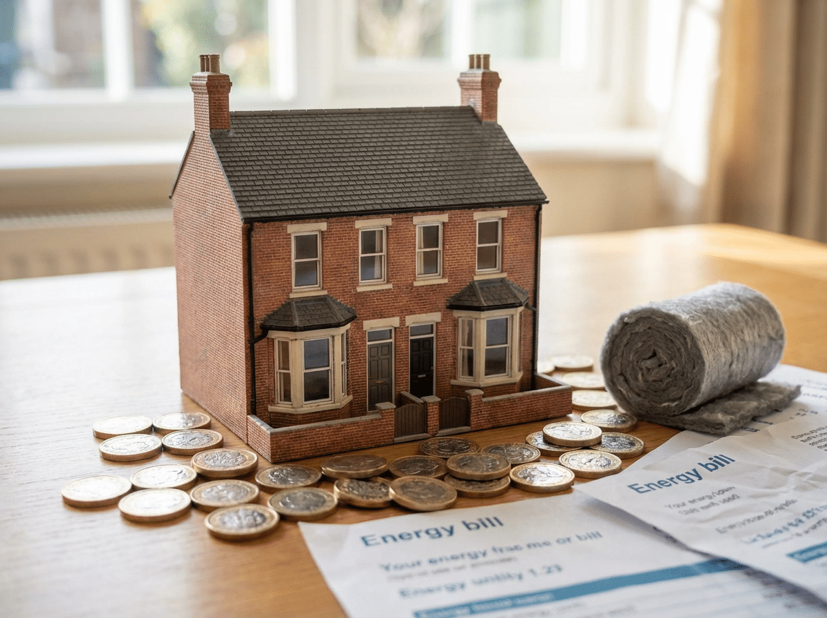 A model house surrounded by coins and a roll of paper, symbolizing financial planning or investment in real estate.<br />
