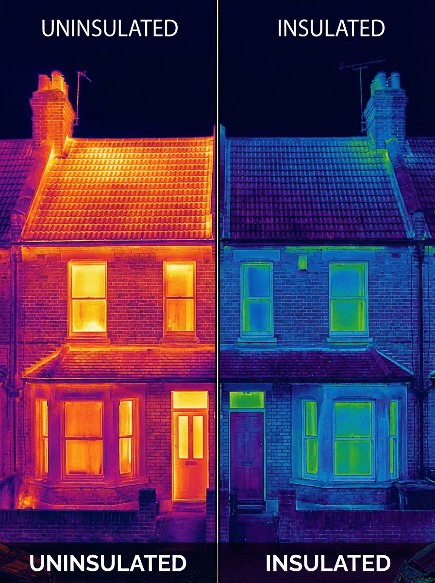 Comparison of insulated and uninsulated materials, highlighting differences in thermal efficiency and energy conservation.
