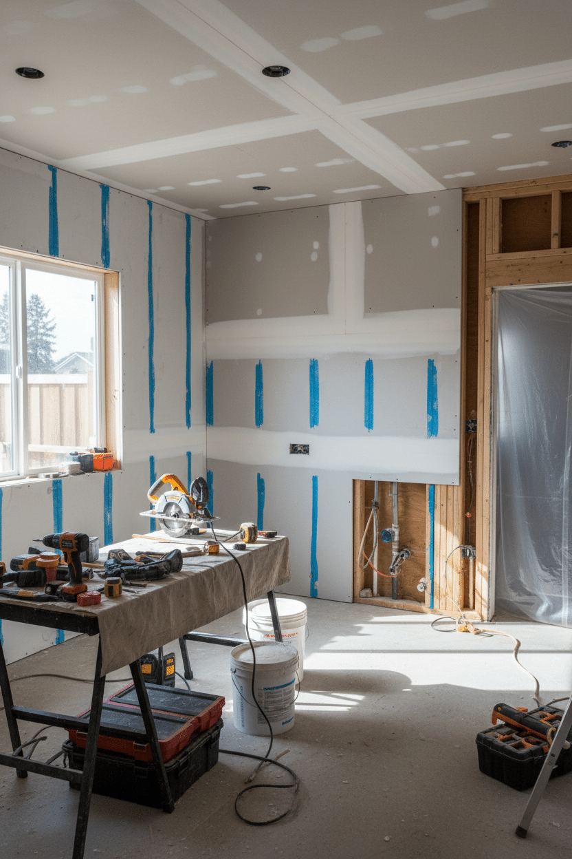 A room featuring a table and a wall marked with blue tape, indicating preparation for painting or renovation