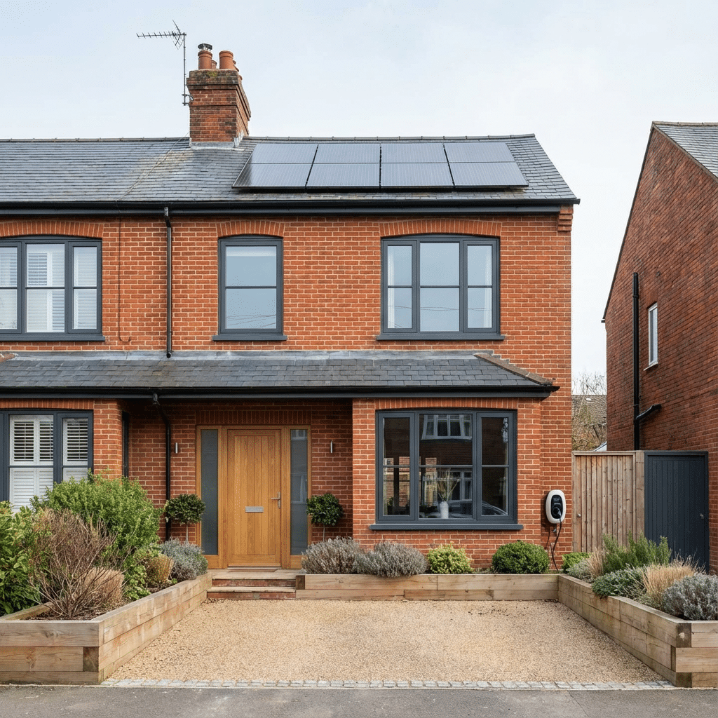 A red brick house featuring solar panels installed on the roof, showcasing a blend of traditional and sustainable design.