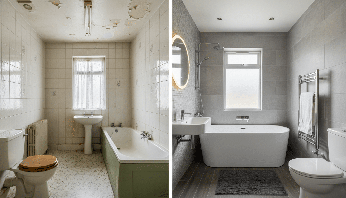 Side-by-side comparison of a bathroom before and after renovation, showcasing modern fixtures and updated design elements.