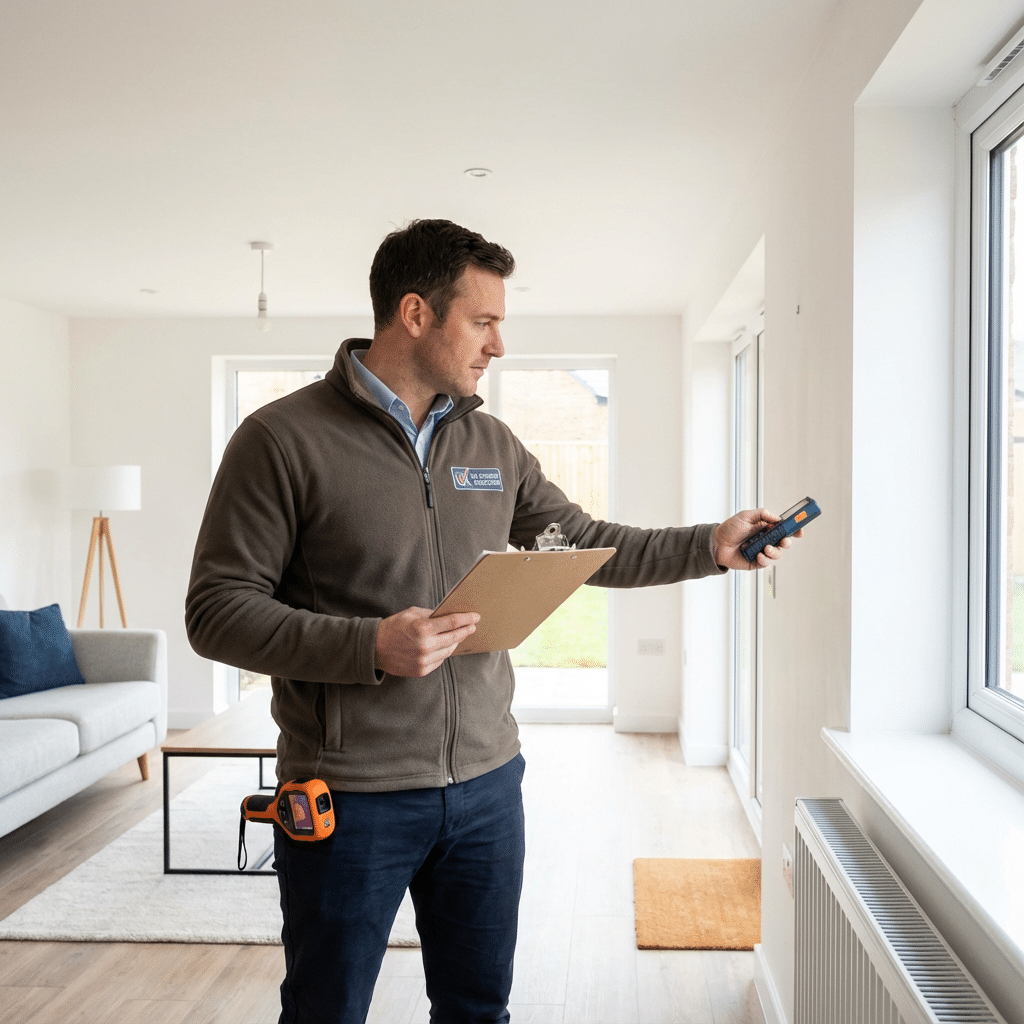 A man stands near a window, holding a clipboard and appearing to take notes or assess information.