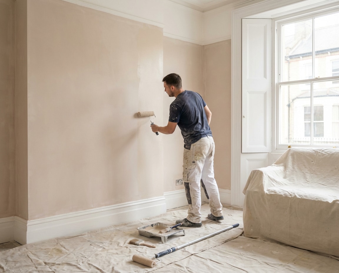 A man painting a room with a roller, applying white paint to a wall.