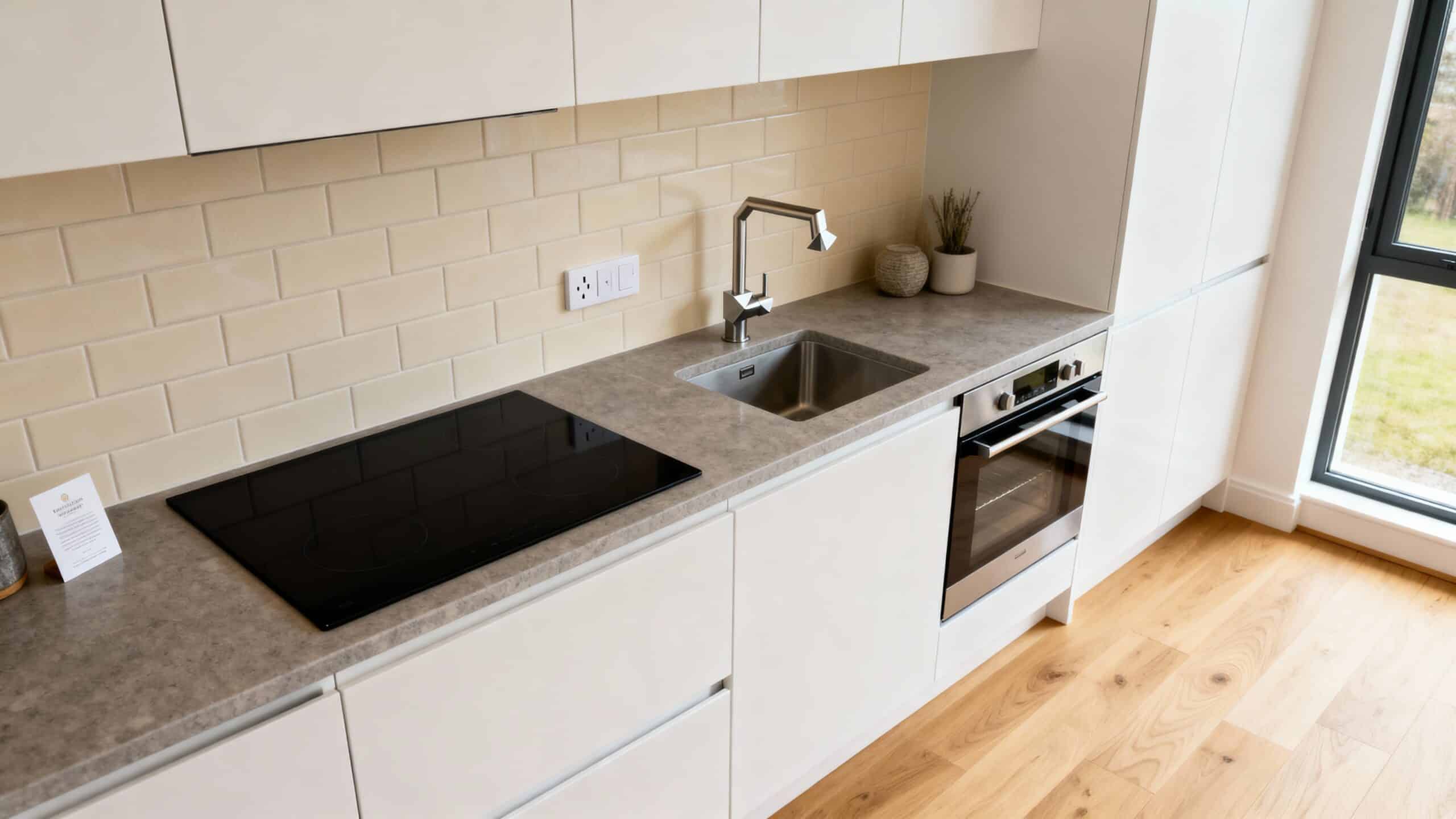  A modern kitchen featuring a sink, oven, and microwave, showcasing a functional cooking space.