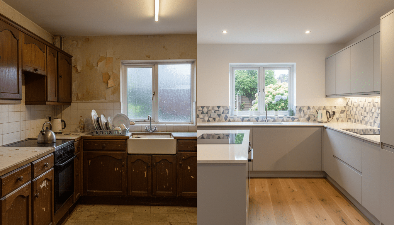 Side-by-side comparison of a kitchen before and after renovation, showcasing updated design and modern features.