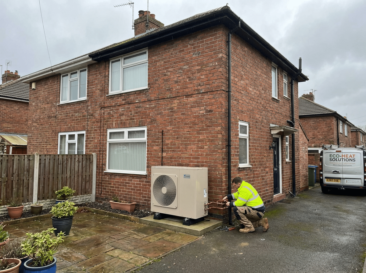 A man repairs a heat pump outside a house, focused on his work with tools in hand.
