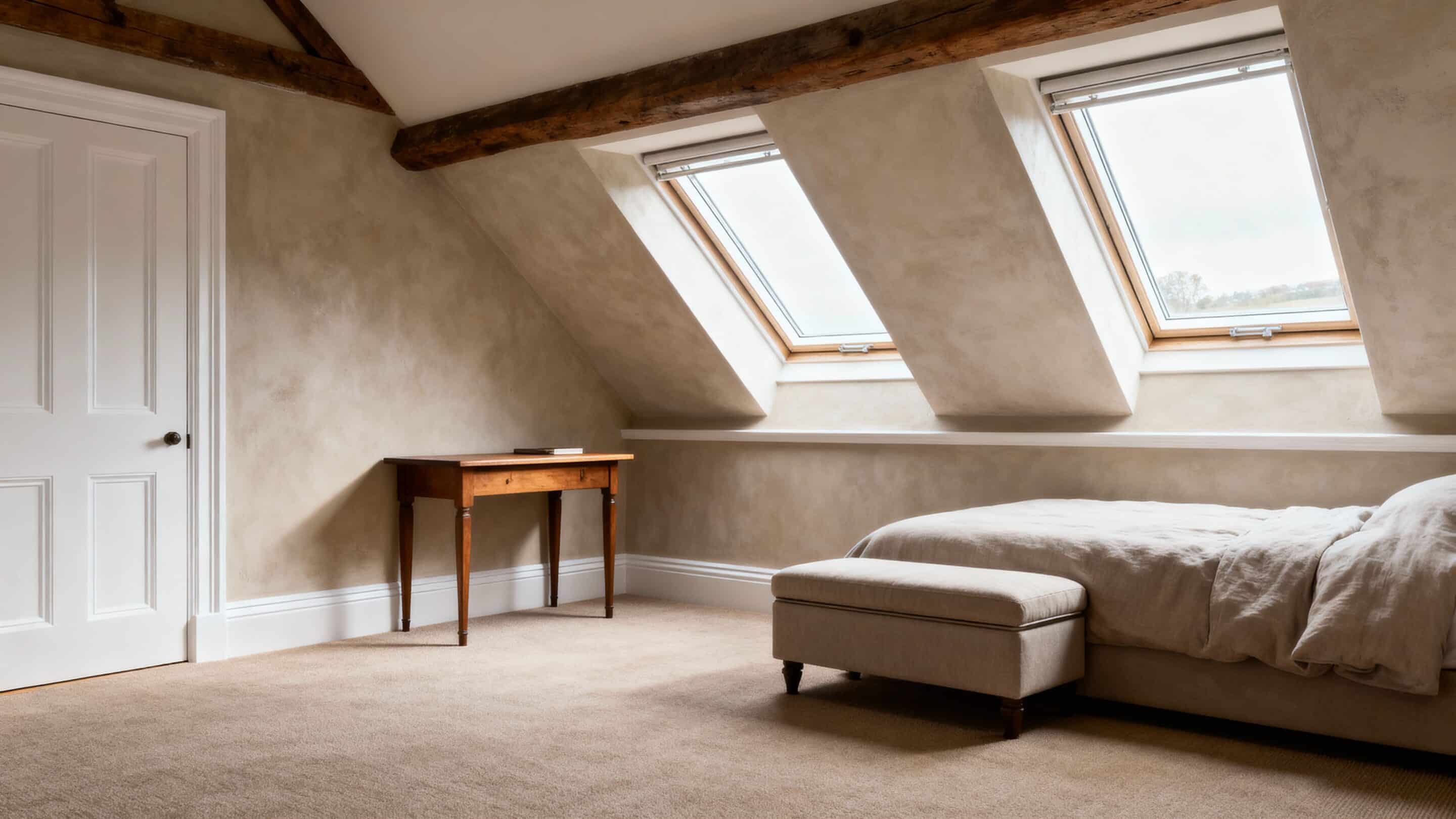 A cozy bedroom featuring a neatly made bed and a small table beside it.